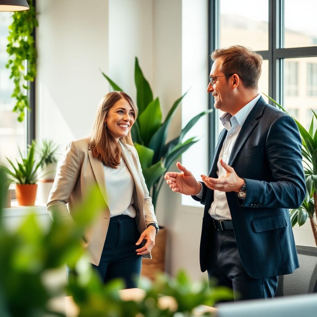 Two business partners in conversation in a bright modern office