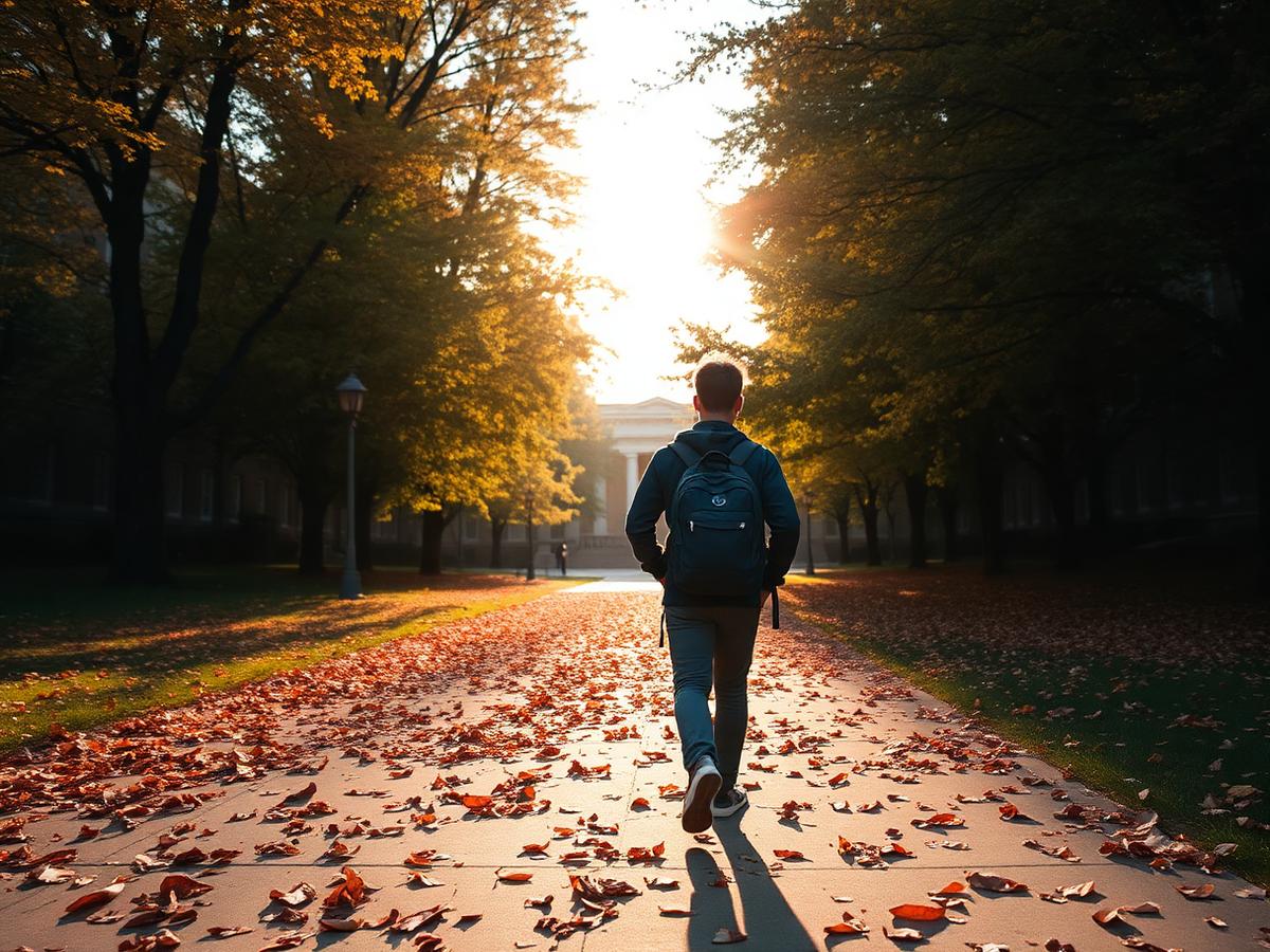 A college student walking on a leafy campus