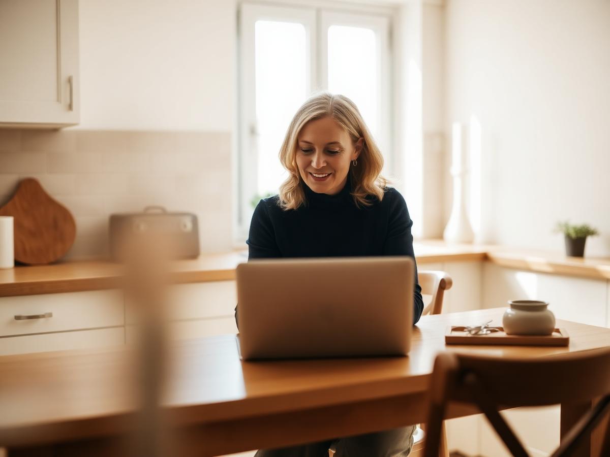 A woman working at a bright kitchen table with a laptop