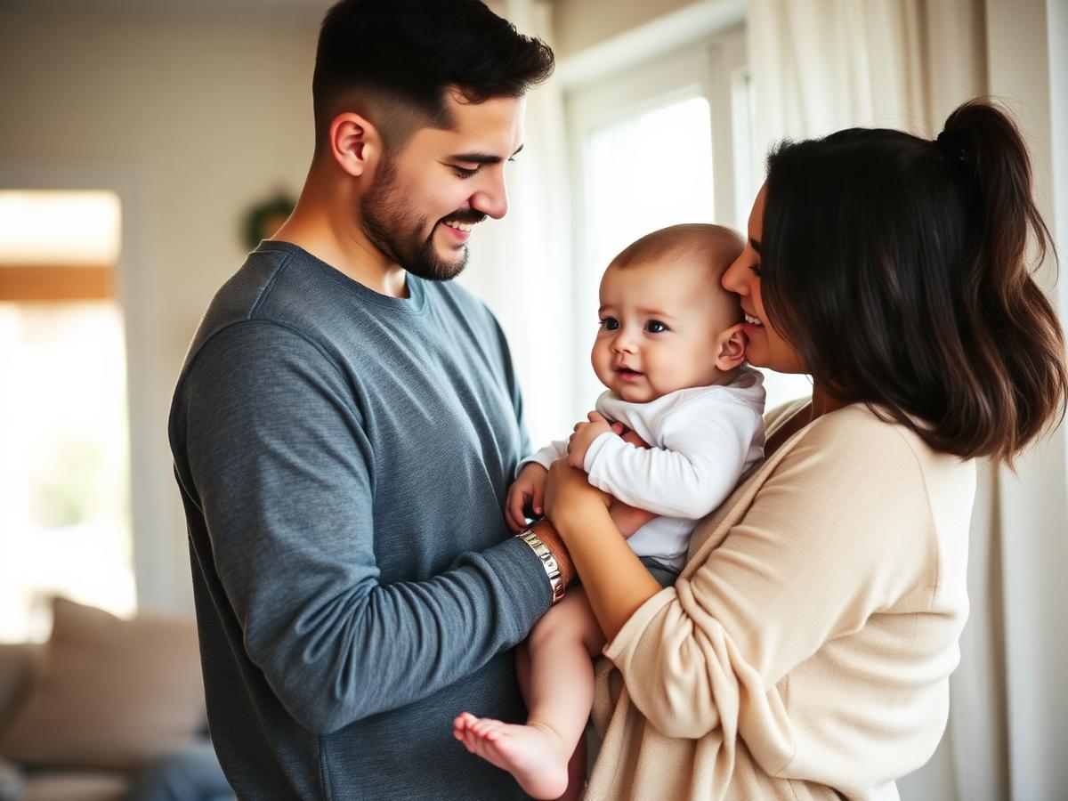 Young parents holding their child at home