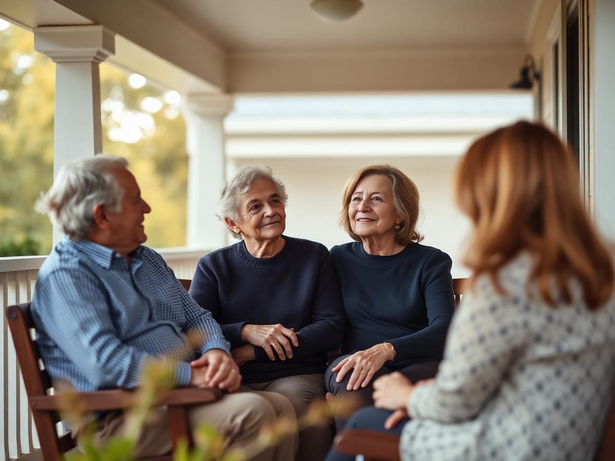 An older couple talking with their adult daughter on a porch