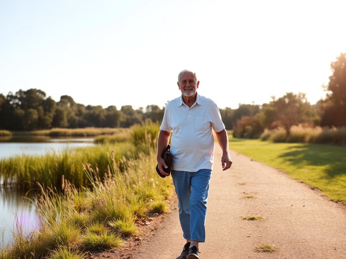 A retired man walking near a lake at sunset